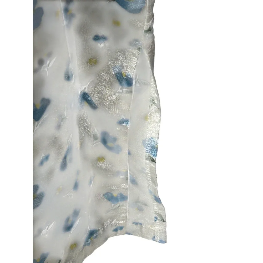 Delicates Satiny Grannycore Long Sleeve Nightgown White w/Blue Flower Size Med